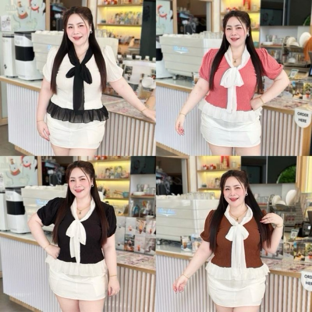 N72 เสื้อแฟชั่นสาวอวบ แต่งผูกโบว์ ระบายชาย