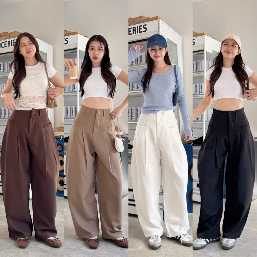 กางเกงขากระบอกทรงBarrel pants พรางหุ่นพรางสะโพก ผ้าหนา detail งานกระเป๋าเฉียงเจาะ2ข้าง (ไม่มีกระเป๋าหลัง)**🧶✨🍰