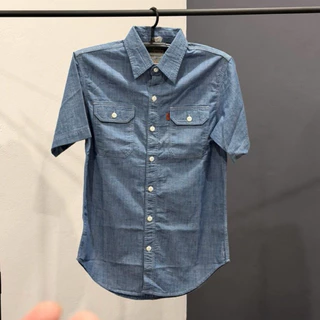 เสื้อแชมเบ้ป้ายส้มกระดุมดำ เสื้อแชมเบ้ เสื้อเชิ้ตป้ายส้ม
