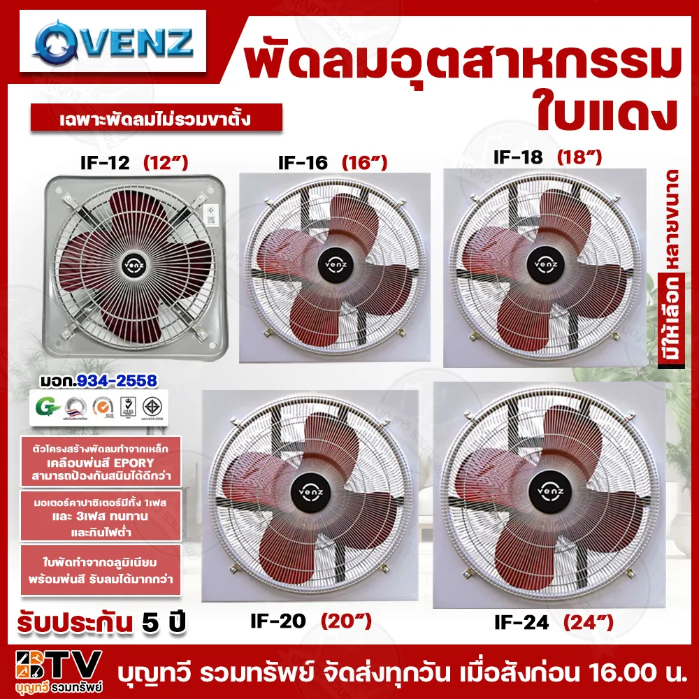 VENZ พัดลมอุตสาหกรรม ใบแดง (เฉพาะพัดลมไม่รวมขาตั้ง) มีมอก.934-2558 มีให้เลือกหลายขนาด ขนาด 12-24นิ้ว พัดลม ของแท้ รับประ