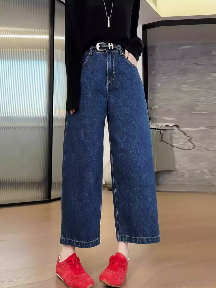 LUMOS  👖กางเกงยีนส์สีน้ำเงินวินเทจเอวสูง ทรงหลวมแบบมินิมอล ขายาว 9 ส่วน ทรงฮาเร็ม#V139#Jeans ราคาถูก Shopee Lazada