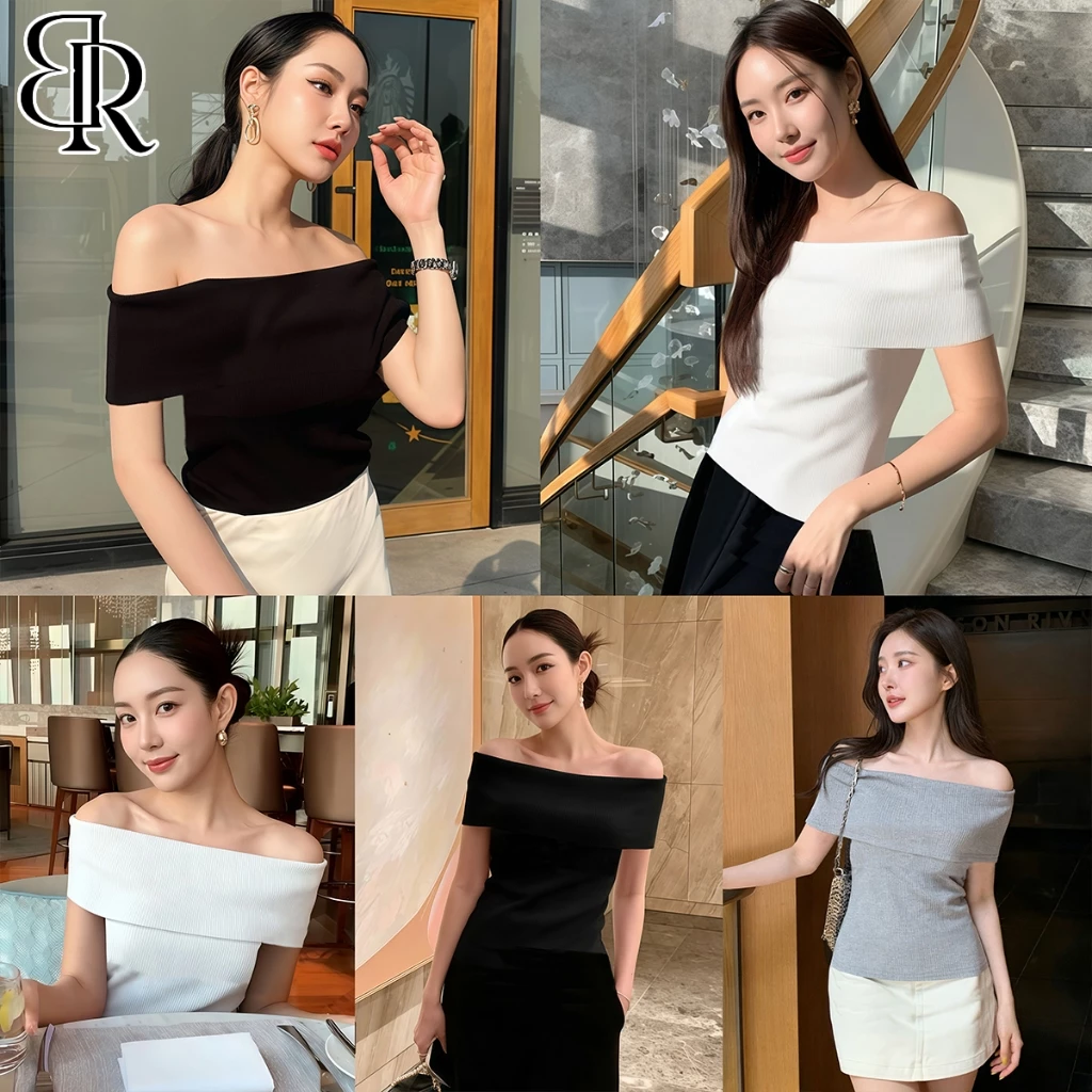 B&R พร้อมส่ง เสื้อยืดผู้หญิง เสื้อเปิดไหล่ผู้หญิง ดีไซน์ถักนิตติ้งปาดไหล่ ขนาด S-XL สไตล์แฟชั่น ผ้าสวมใส่สบาย