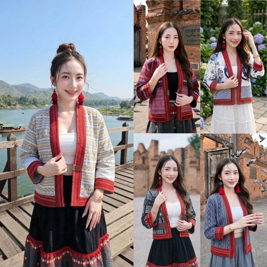 เสื้อคลุมพื้นเมืองผ้าฝ้าย มีขนาดไซส์ให้เลือก (รุ่นแต่งผ้าทอแดง) จะใส่เที่ยวใส่ทำงานได้ทุกโอกาสเลยคะ