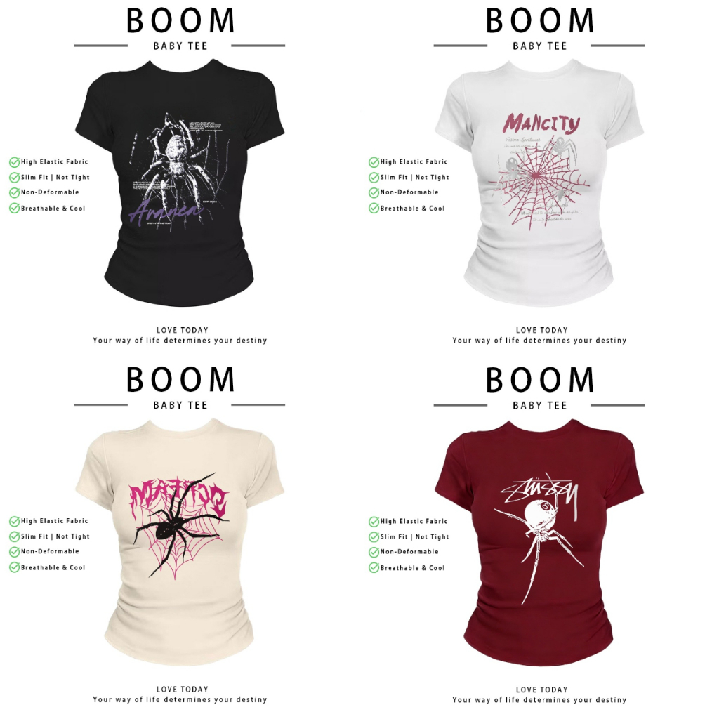 COD（จัดส่งภายใน 24 ชั่วโมง）เสื้อสาวอวบ เสื้อครอปท็อป แขนสั้น babytee สไตล์เกาหลี y2k T-shirt | แมงมุม