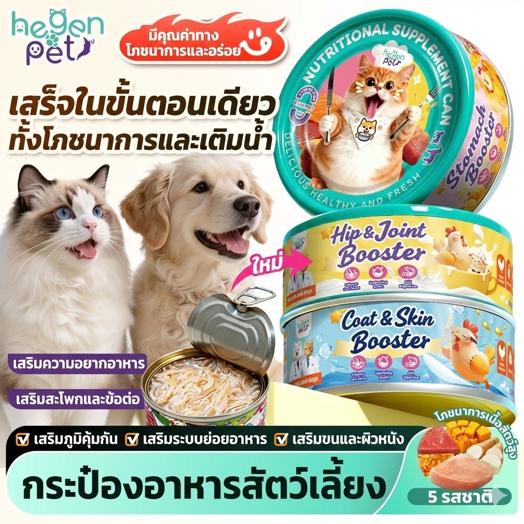【ซื้อ 3 แถม 2 ฟรี】Hegen Pet อาหารกระป๋องสำหรับสุนัขและแมว 5 สูตร เสริมภูมิคุ้มกัน บำรุงหัวใจ ข้อต่อ และขน