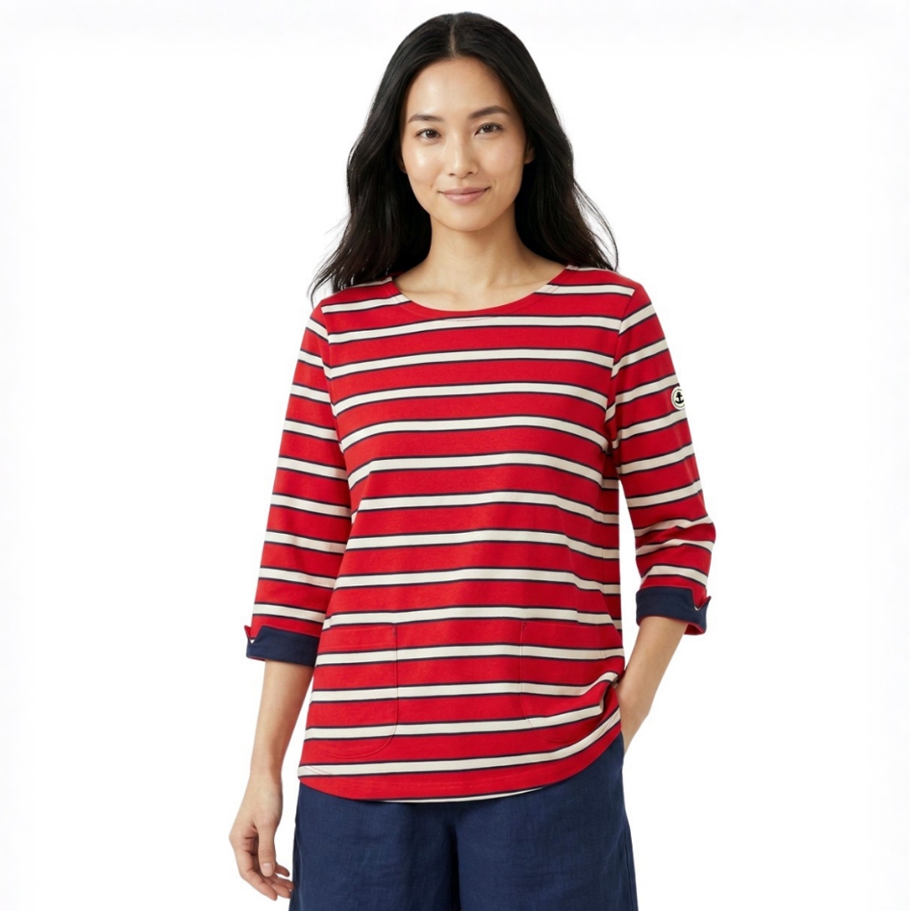 * Best price * PORTLAND เสื้อยืด คอกลม ลายริ้ว แต่งแขน สีแดง / 3/4 Sleeve Stripe T-Shirt with Pockets (Red)