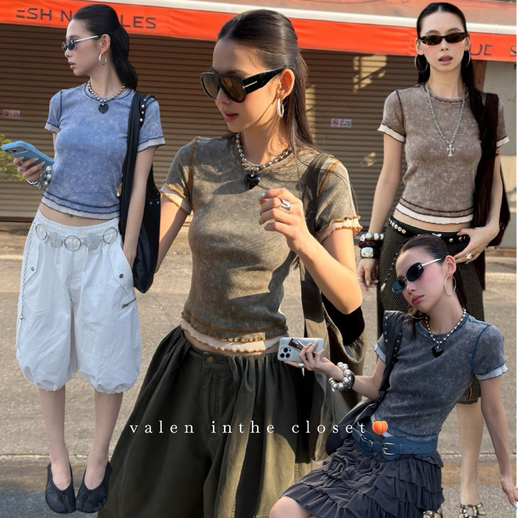 ส่งด่วน 🛵 #26T109 MMFISH เสื้อยืดแขนสั้น สีฟอกเฟด แต่งระบายปลายแขน เนื้อผ้าร่องเล็ก