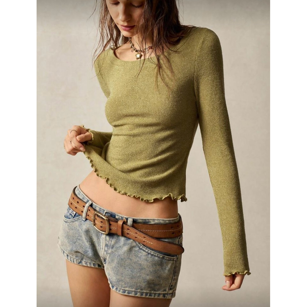 (พร้อมส่ง)เสื้อแขนยาว ขอบหยัก คอกลมสีพื้น