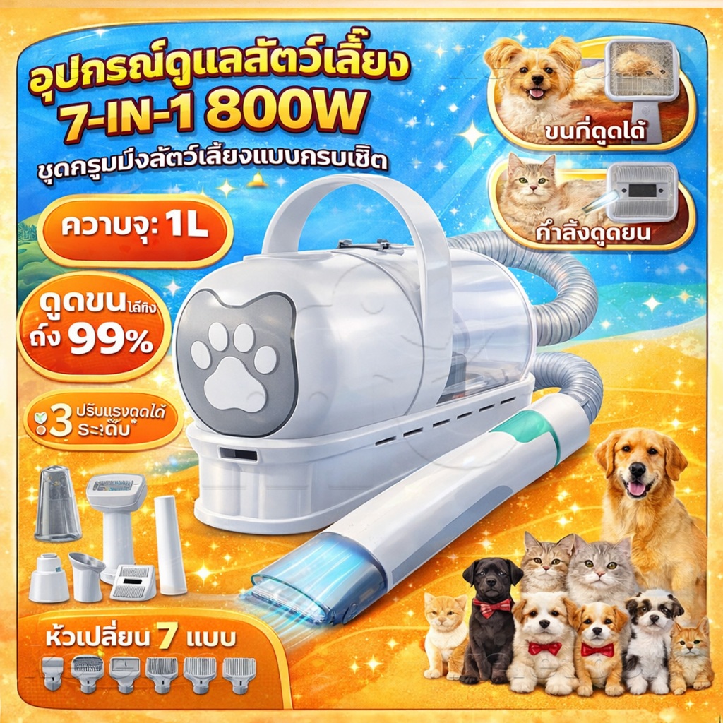 Grooming Vacuum KIT 7 in 1 เครื่องปัตตาเลียนตัดแต่งขนสำหรับสัตว์เลี้ยง และดูดฝุ่น กรูมมิ่งสำหรับดูด ชุดกรูมมิ่งใหม่สำ