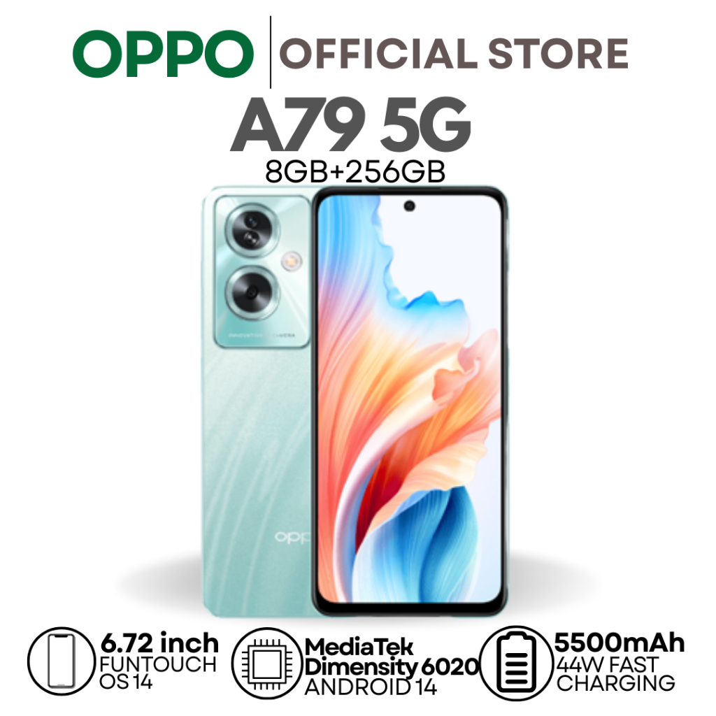 OPPO A79 5G | 8GB + 256GB | จอใหญ่ 6.72” FHD+90Hz | ชิป Dimensity 6020 | กล้อง 50MP | แบต 5000mAh