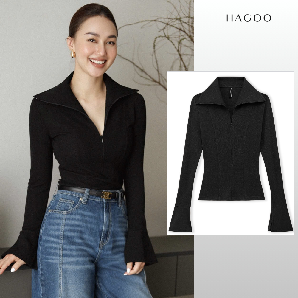 HAGOO เสื้อยืดผู้หญิง คอปก ซิปหน้า แขนยาว ลุคทำงานมินิมอล [A8086]