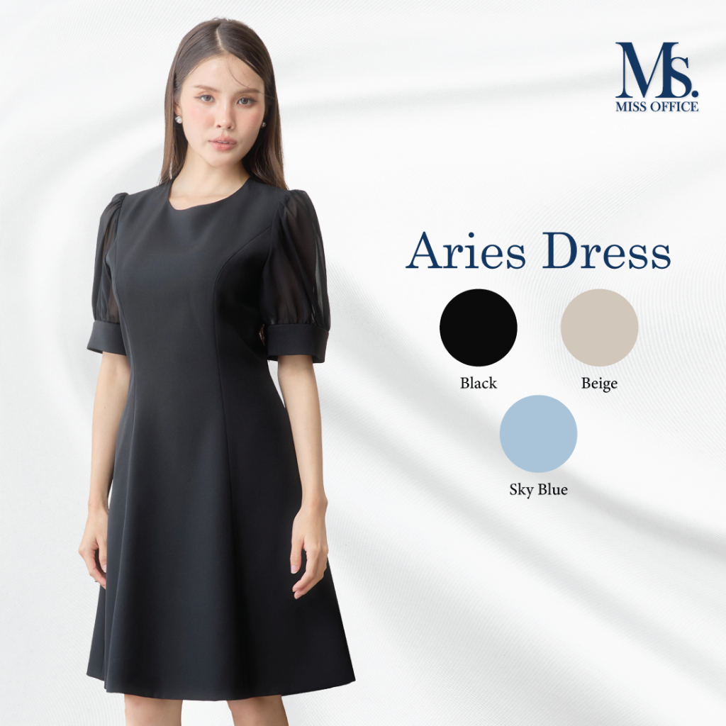 Miss Office เเดรสคอกลมแขนสั้นแต่งชีฟอง (Aries Dress : MD-138)