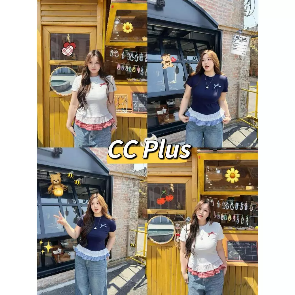 CiCi Plus+(T1116) เสื้อตัวยาวผ้าเรยอน ปักโบว์ลายสก๊อต ดีเทลเย็ยผ้าลายสก็อตติดกัน สไตล์สาวพลัสไซส์