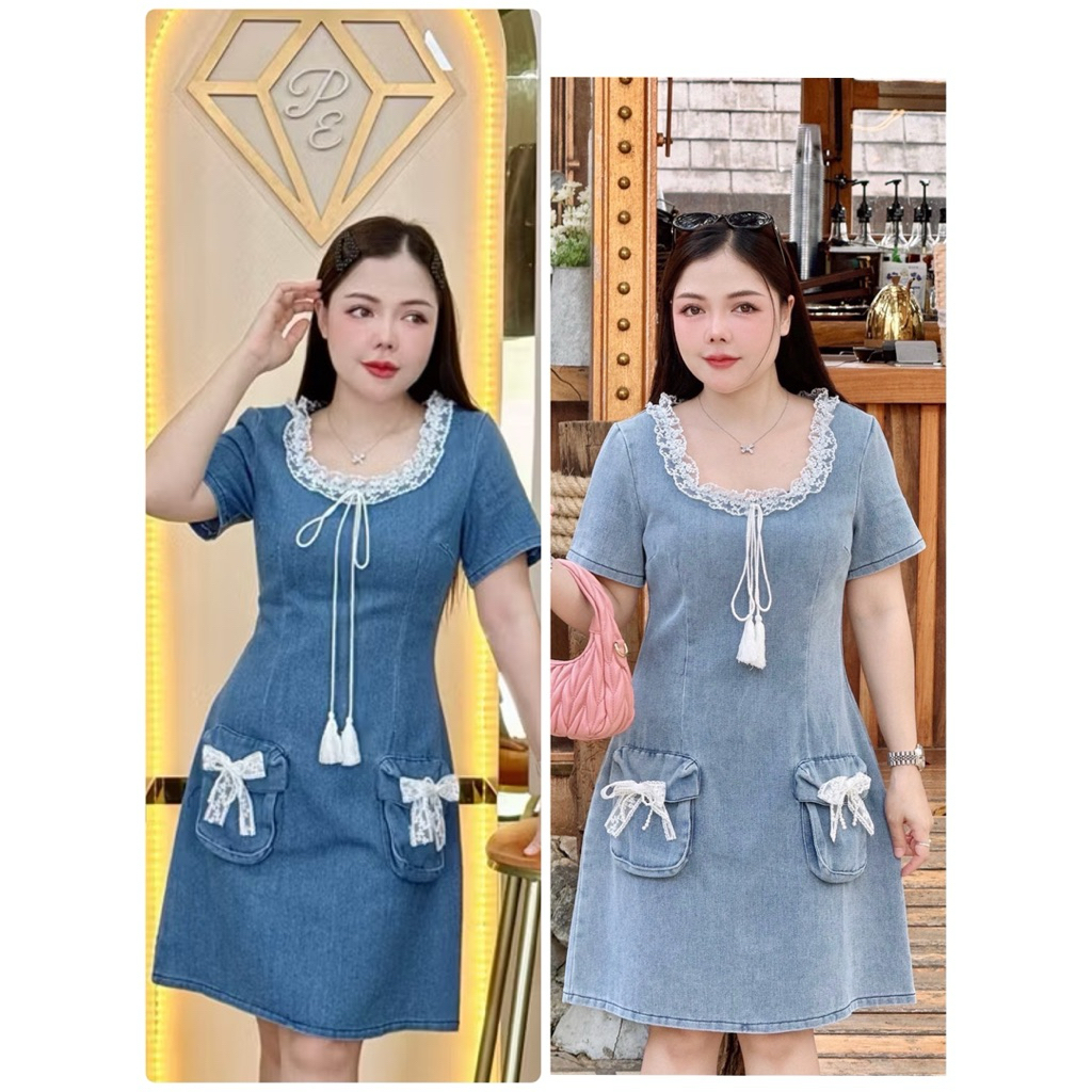 Thaya brand > เดรสยีนส์สั้นแต่งอะไหล่โบว์ คอแต่งลูกไม้น่ารักมากๆ ค่ะ pe