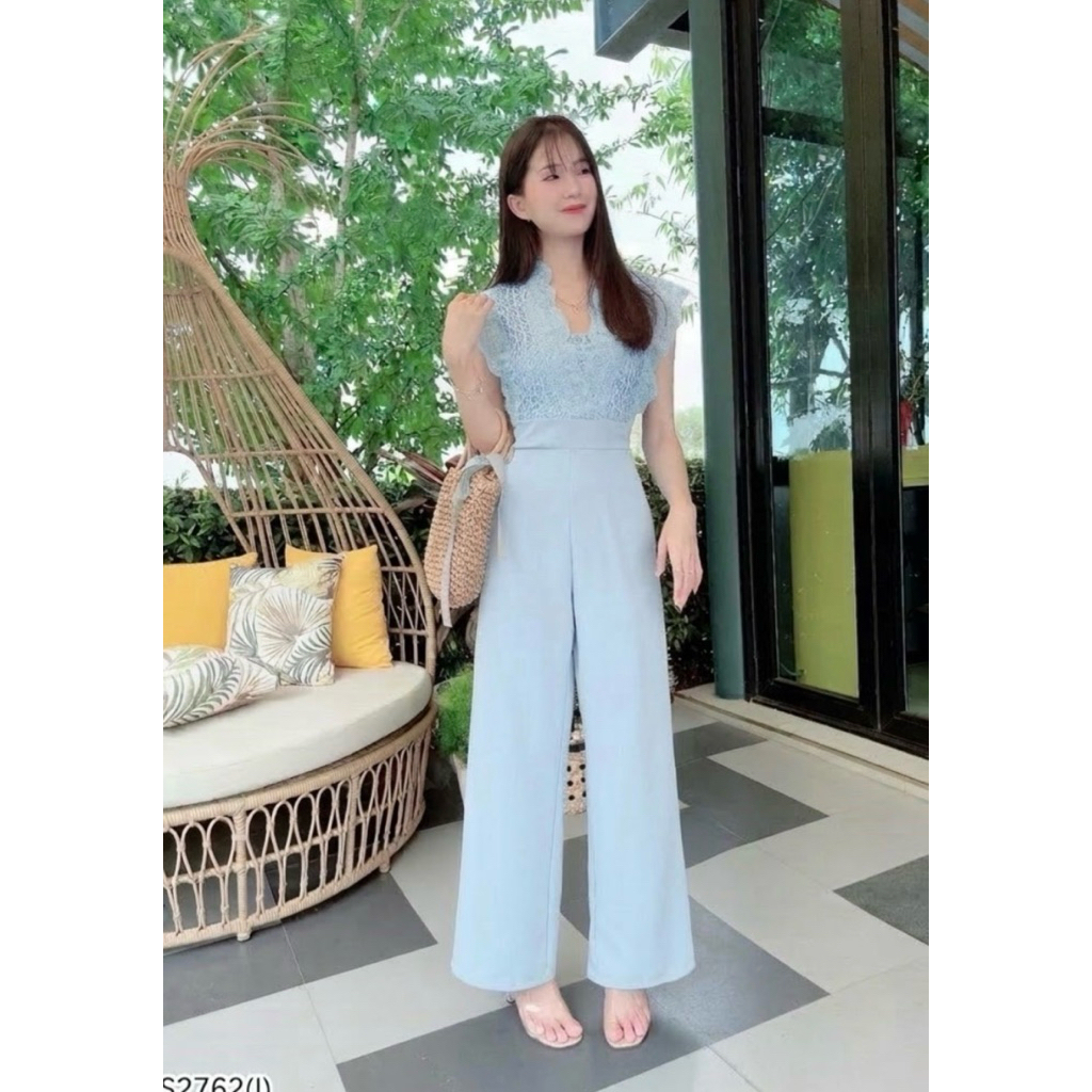 BS2762   จั้มสูทกางเกงขายาว ด้านบนแต่งลูกไม้นำเข้า