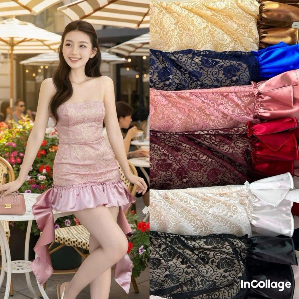 เกาะอกPRเดรสสั้นผ้าลูกไม้แต่งหางปลา