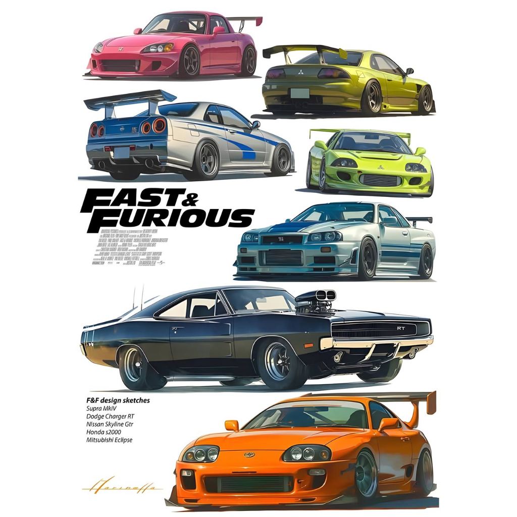 โปสเตอร์ รถยนต์ รถสปอร์ต FAST & FURIOUS POSTER 11.5"x16.5" นิ้ว A3 collection Sport Cars Original first concept movie