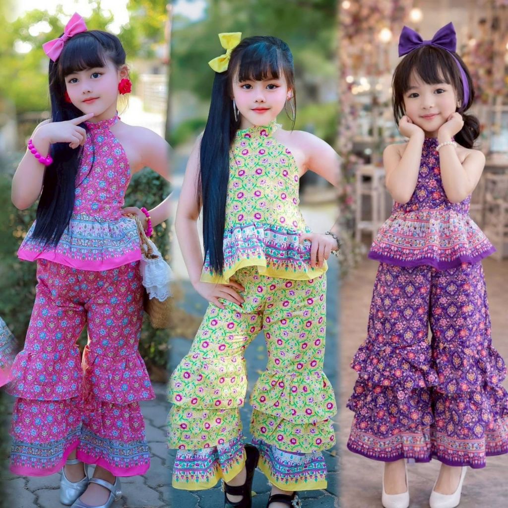 KK // tg // ชุดไทยเด็กปาเต๊ะ เซ็ต 2 ชิ้น เสื้อ+กางเกง แถมโบว์ผูกผมเข้าเซ็ทเสื้อเปิดหลังสายผูกคอ กางเ