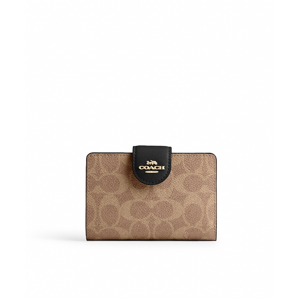Coach CW786 Medium Corner Zip Wallet In Signature Canvas (IMQRX) กระเป๋าสตางค์ผู้หญิง สี Im/Tan/Blac