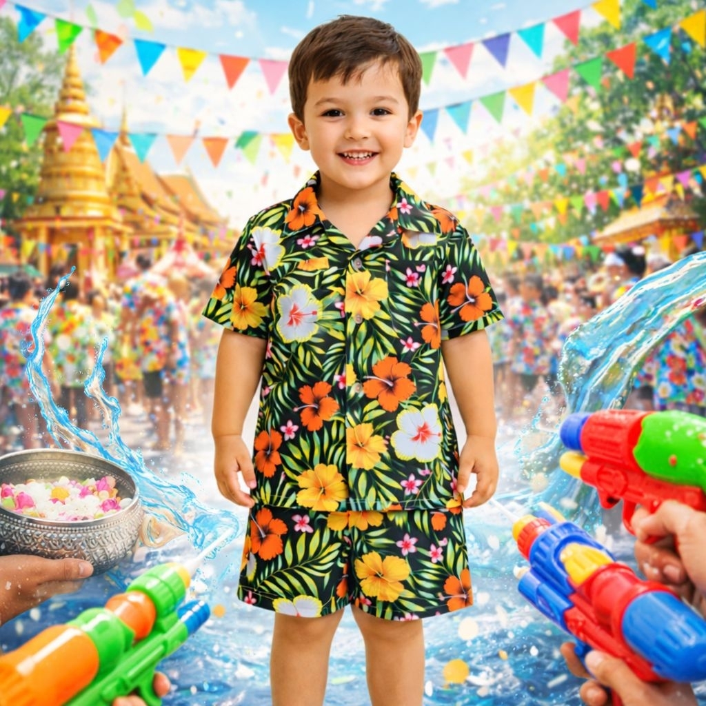 ชุดเซ็ตเสื้อฮาวายเด็ก สงกรานต์ แขนสั้นขาสั้น คอปกกระดุมหน้า ผ้าไหมอิตาลี เหมาะสำหรับเด็กใส่สบาย ผ้านุ่ม ไซส์ M-3XL