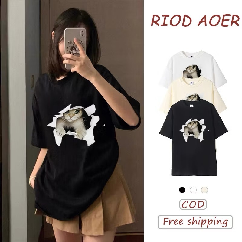 เสื้อยืดคอกลม-แขนสั้น เสื้อลายแมว oversize t shirt เสื้อยืดแฟชั่น สวยๆ  พิมพ์ลาย แฟชั่น สีขาว-สีดำ