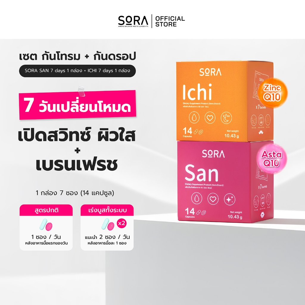 Sora SAN + ICHI วิตามินซองกันโทรม ซองกันดรอป (ทดลอง 7 วัน) l ผิวใสทนแดด สมองเฟรชไม่ล้าง่ายระหว่างวัน