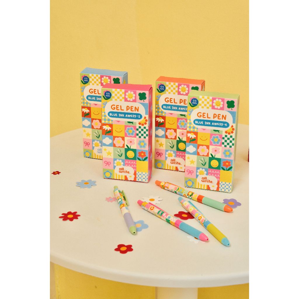 ️ (12 ด้าม คละสี) allwrite Gel Pen – ปากกาออไรท์ หมึกเจลลายดอกไม้สุดคิวท์