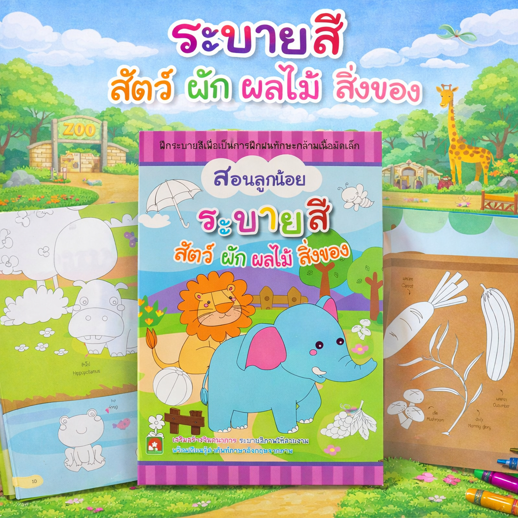 Aksara for kids หนังสือ สอนลูกน้อย ระบายสี สัตว์ ผัก ผลไม้ สิ่งของ