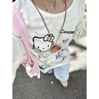 เสื้อยืดแขนยาวผ้าโปร่งบางเบาพิมพ์ลายแมวน่ารักสำหรับผู้หญิง ทรงหลวมใส่สบายในฤดูร้อน ปกป้องผิวจากแสงแดด