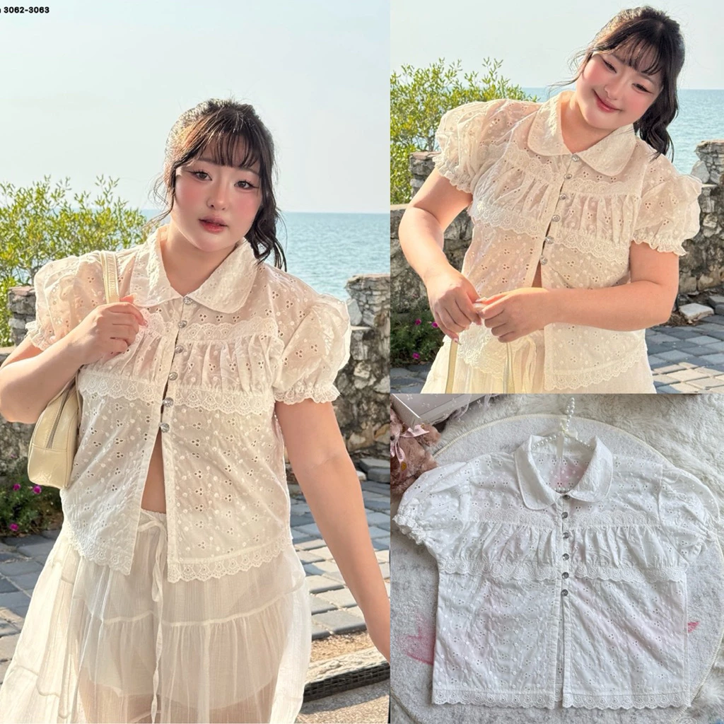 /WP/ เสื้อคอปกงานฉลุ มีไซส์อก38-50 กระดุมเพ็ชร ช่วงอกปต่งลูกไม้ ดีเทลน่ารักทุกมุม ใส่แล้วละมุน ลุคเฟมินีน #พลัสไซส์