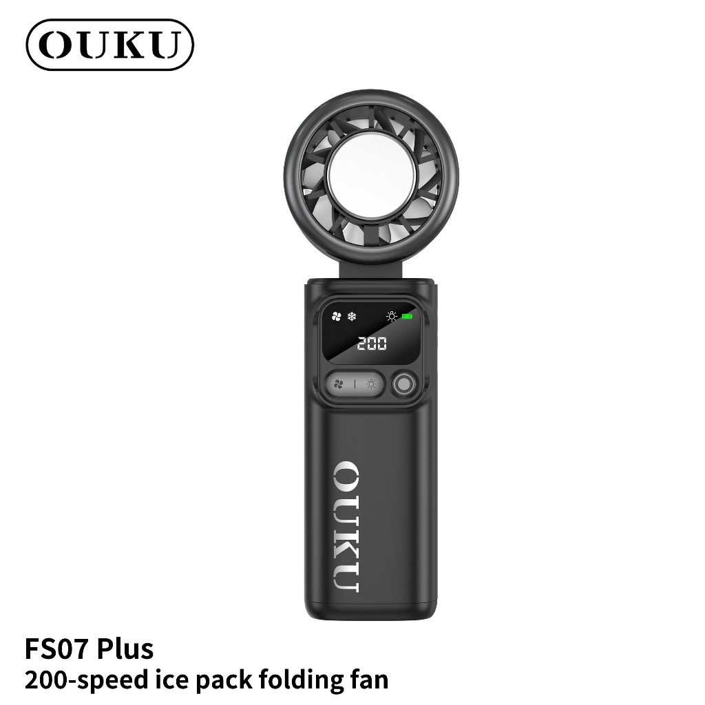 พัดลมไอเย็นมือถือ ปรับได้ 200 ระดับ OUKU FS07 Plus MINI ลมแรง มีไฟฉาย+จอLED ใช้งานง่าย พกขึ้นเครื่อง
