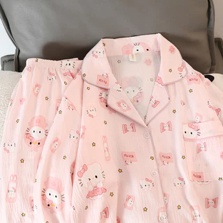 ชุดนอนแขนยาว+กางเกงขายาวHello Kitty สีชมพูคิตตี้ การ์ตูนน่ารัก ผู้หญิง ร้อนฤดูร้อน ผ้าคลุมสบาย CloudFeeling มีไซส์ M-2XL