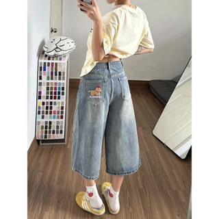 Swan shop (ไชด์S-4XL)กางเกงยีนส์ขากว้างผู้หญิง ลายปักน้องหมาน่ารัก เอวสูง ผ้าเดนิมแฟชั่น