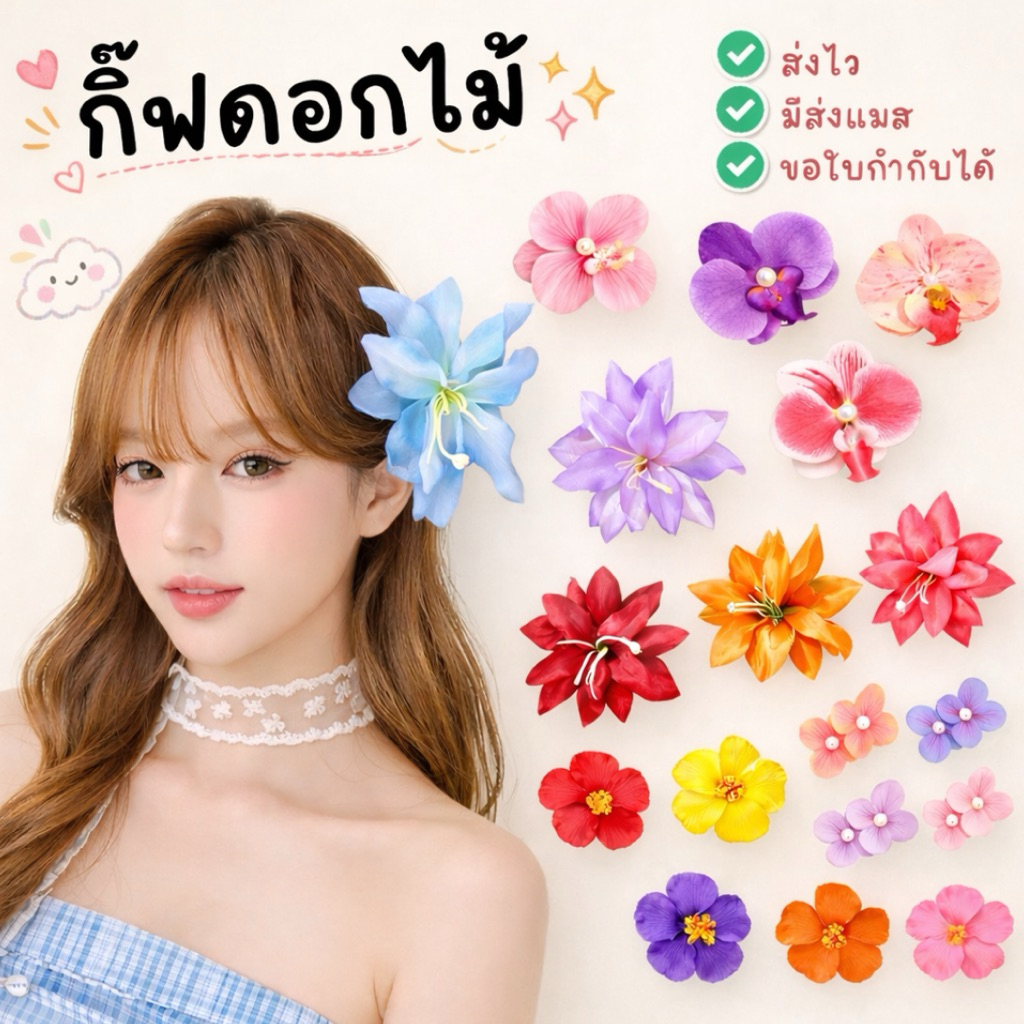 🏍️มีส่งแมส จาก กทม🔥กิ๊บดอกไม้ กิ๊ฟดอกไม้ กล้วยไม้ ชบา ลีลาวดี หลายสี พร็อพปาร์ตี้ แฟนซี ทองกวาว สงกรานต์