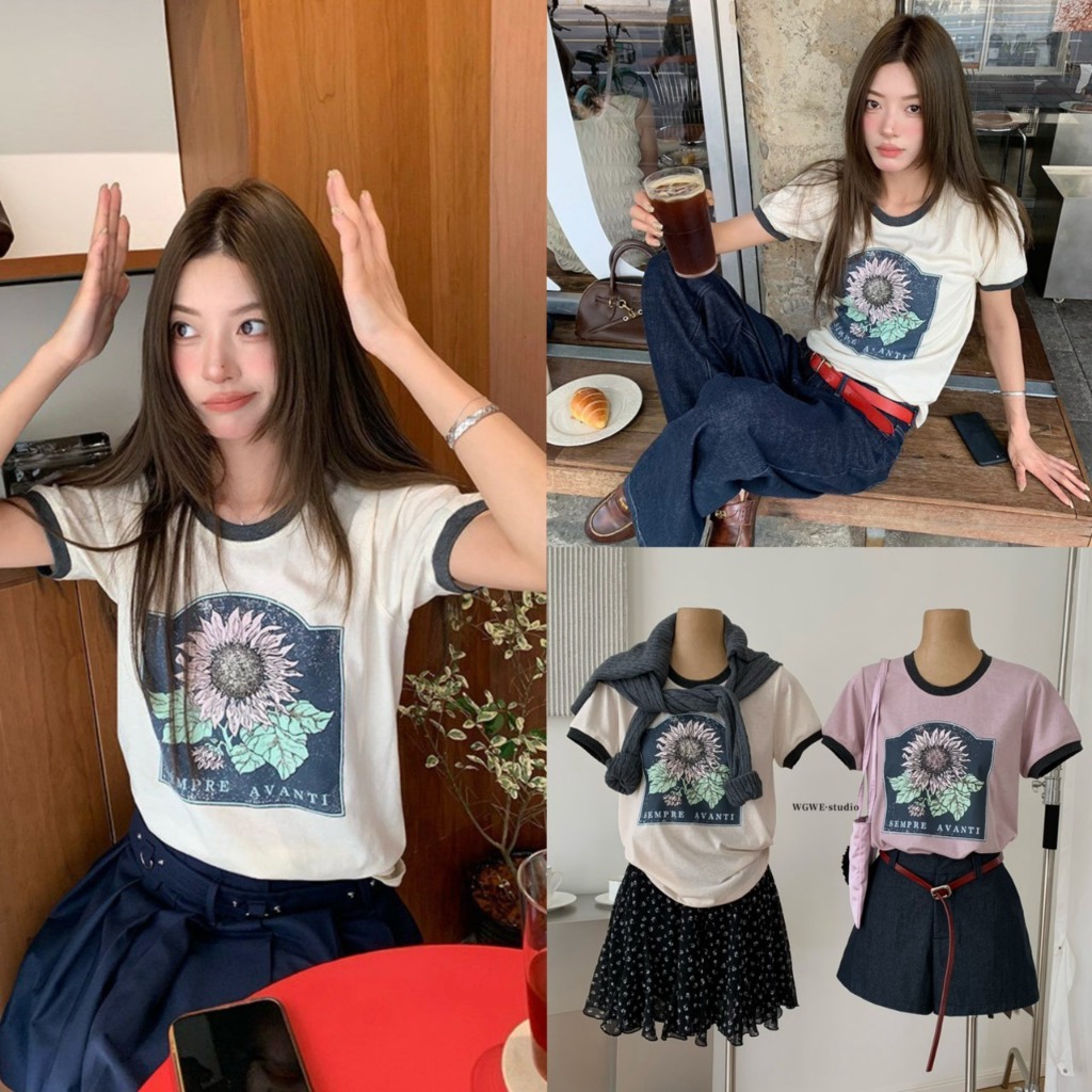 (พร้อมส่ง) เสื้อยืดแขนสั้นแต่งขอบสกรีนลายดอกไม้รุ่น 8975 TAG WG.WE 🇰🇷