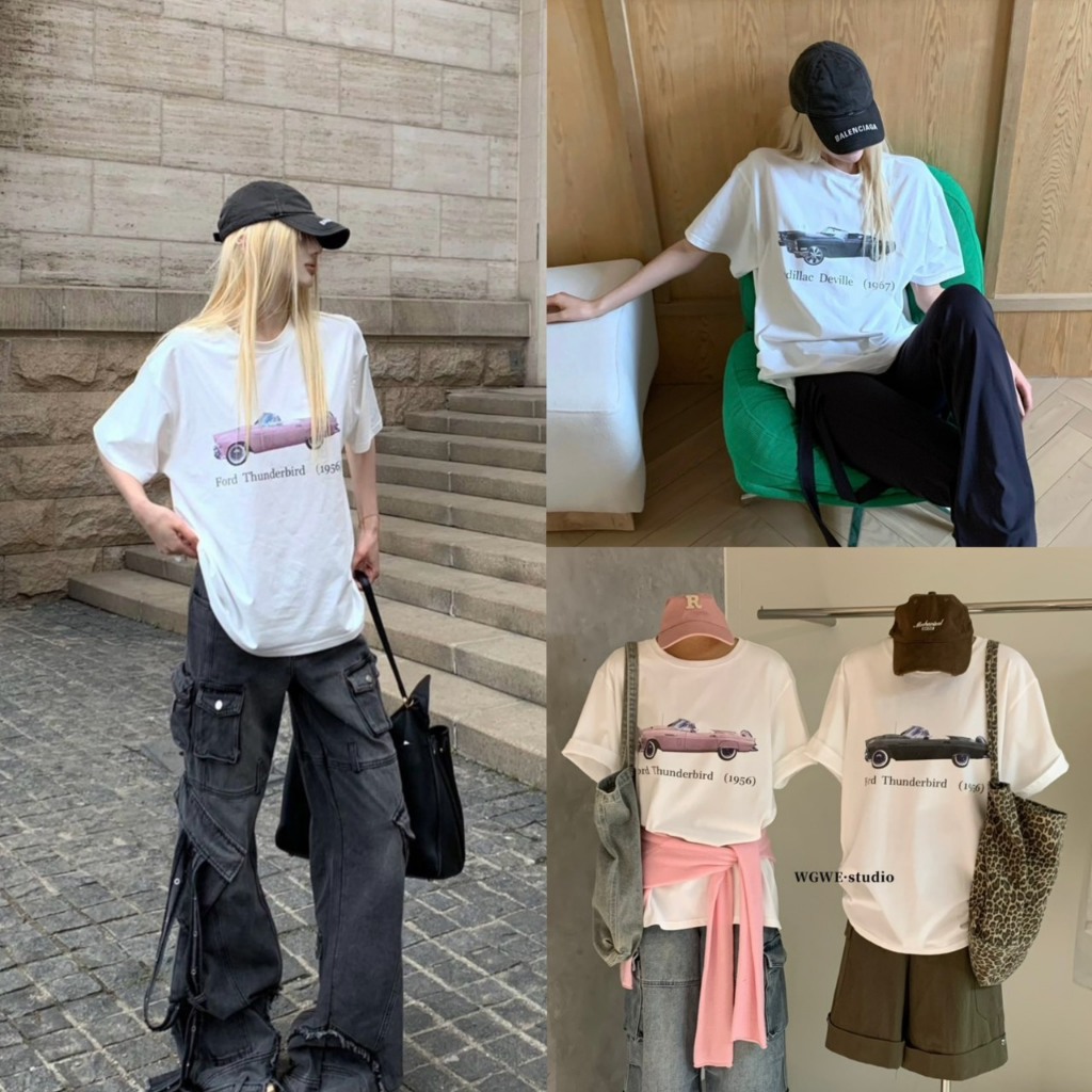 เสื้อยืดแขนสั้นสกรีนลายรถวินเทจรุ่น 9022 TAG WG.WE 🇰🇷
