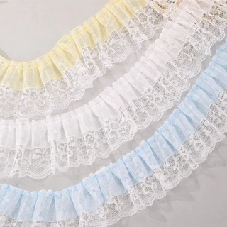 ลูกไม้ระบายจับจีบ กว้าง 5cm สีหวาน ลูกไม้แต่งขอบ ผ้าโปร่งลายหวาน สีพาสเทล 4 สี ขาว เหลือง ฟ้า ชมพู สำหรับตกแต่งเสื้อผ้า