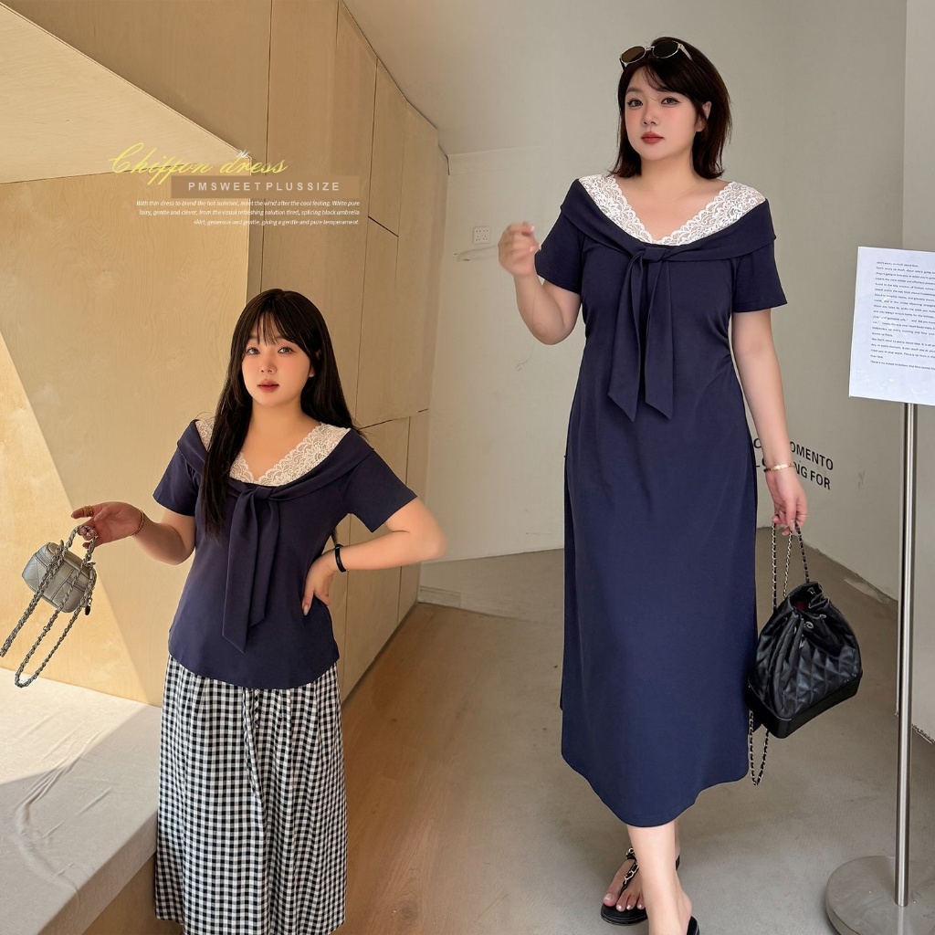 [ 🔥อกถึง 49" ] : PMP2483 : พรีออเดอร์ เสื้อยืด ชุดเดรสคอปกทหารเรือ ตัดต่อผ้าลูกไม้ สำหรับสาวไซส์ใหญ่