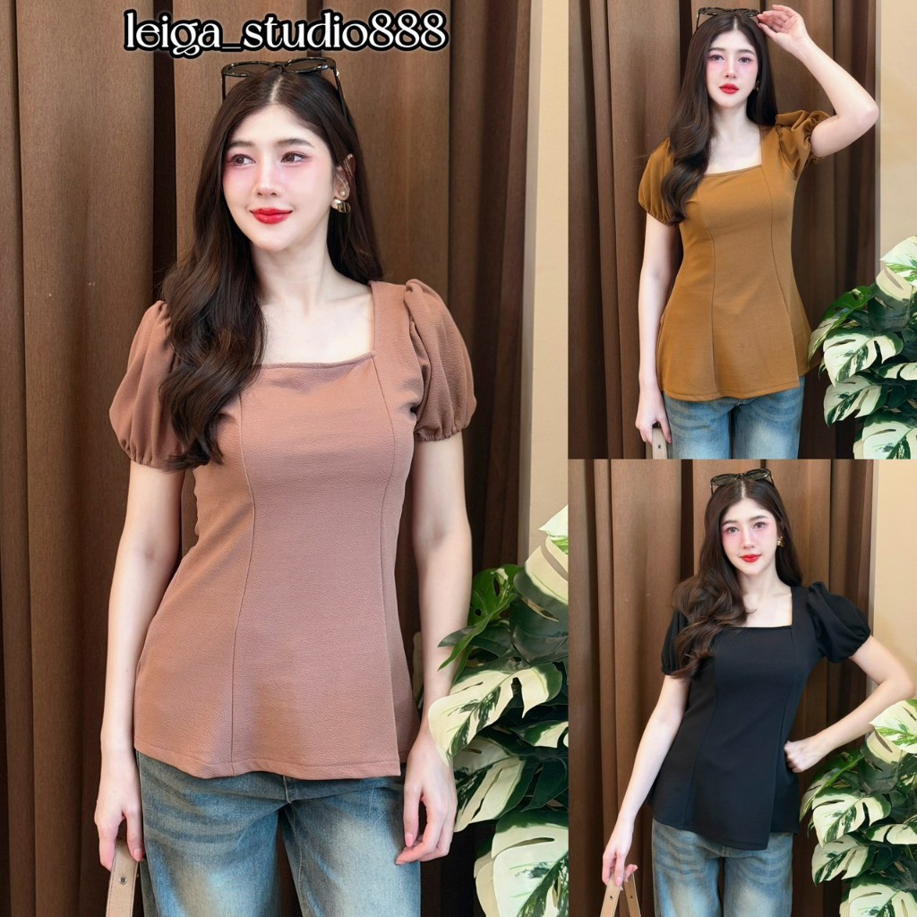 เสื้อแฟชั่น ผ้าวูลเวฟ คอเหลี่ยม แขนตุ๊กตา ผ้าใสสบาย ใส่ทำงาน ใส่แมท T017