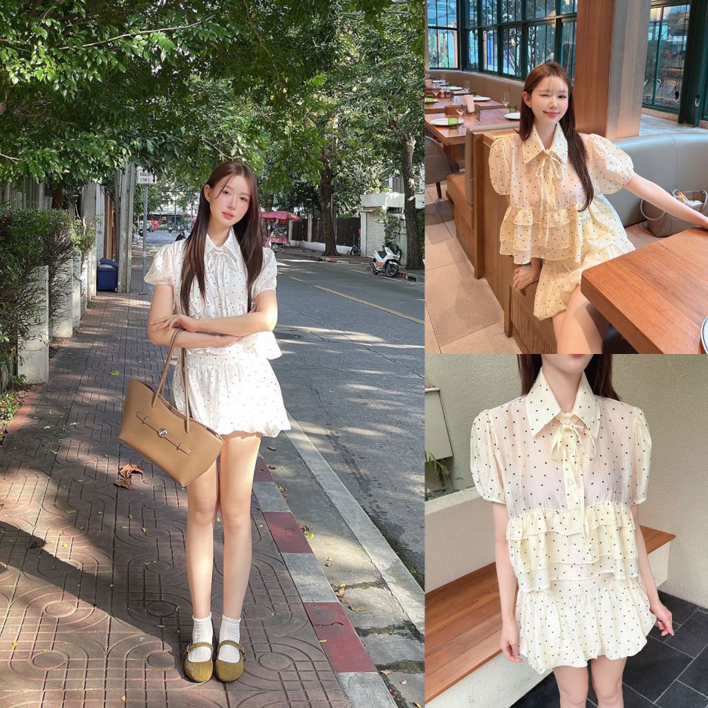 ส่งด่วน🚨ครีม/ดำ SLYQ CLOUDY BLOUSE & BALLOON SKIRT SET ชุดเซ็ตเสื้อชายระบายชั้นและกระโปรงบอลลูน