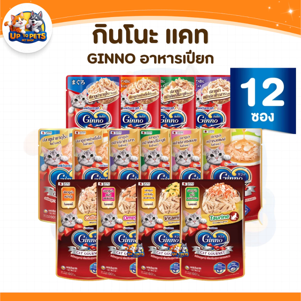 [ยกโหล 12 ซอง ] Ginno กินโนะ อาหารเปียกแมว ไม่เติมเกลือ เนื้อแน่น กลิ่นหอม เปียกแมว ขนาด 60g