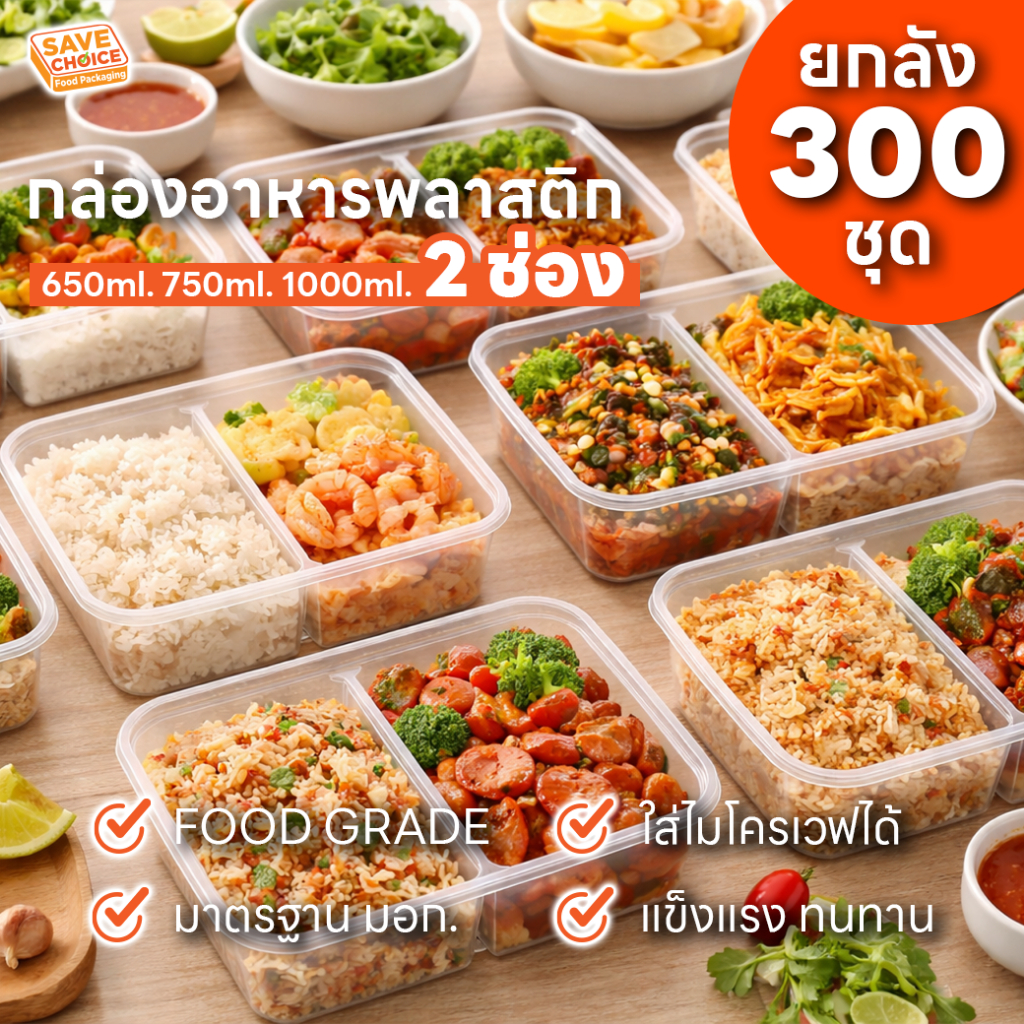 Save Choice กล่องพลาสติกใส่อาหาร 2 ช่อง กล่องใส่ข้าว กล่องใส 650/750/1000 ml. Food Grade มาตรฐาน มอก. คุ้มค่า เซฟราคา
