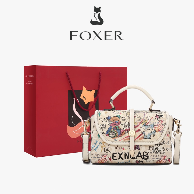 FOXER กระเป๋าถือผู้หญิง กระเป๋าทรงกล่องลายกราฟฟิตี้หมี กระเป๋าสะพายไหล่อเนกประสงค์