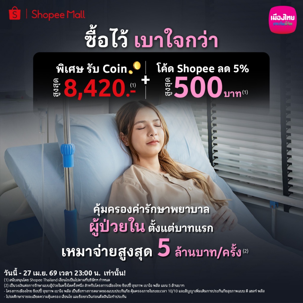 [E-Voucher] เมืองไทย ช้อปปี้ สุขภาพ เบาใจ พลัส คุ้มครอง 5 ล้านบาท