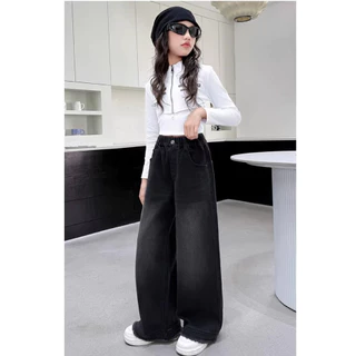 Girls' jeans Black กางเกงยีนส์ขาตรงสีดำสุดอินเทรนด์และมีสไตล์ การออกแบบแถบยางยืด กางเกงยีนส์ทรงตรงลำลอง 120-170 HOT