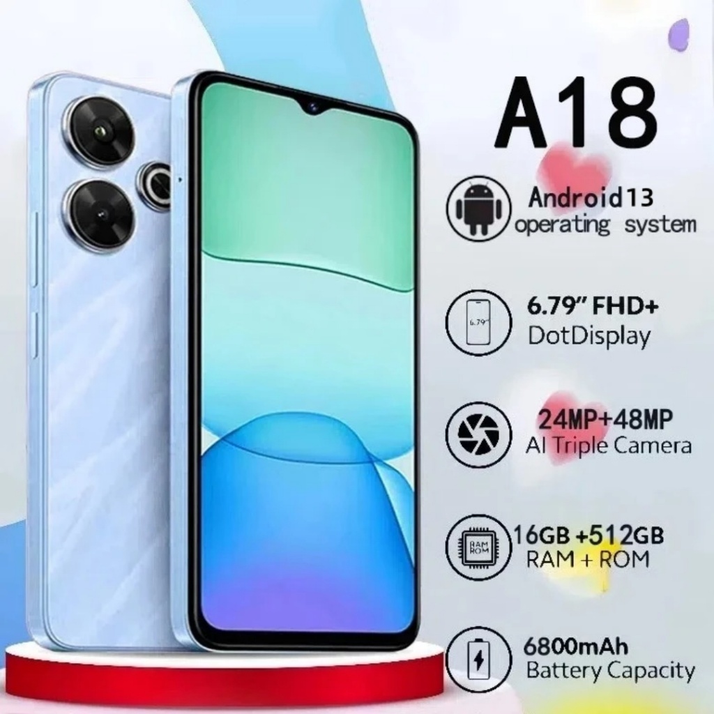 โทรศัพท์มือถือ A18 5G สมาร์ทโฟน 6.8 นิ้ว รองรับ2ซิม Smartphone โทรศัพท์สมา RAM16GB+ROM512GB