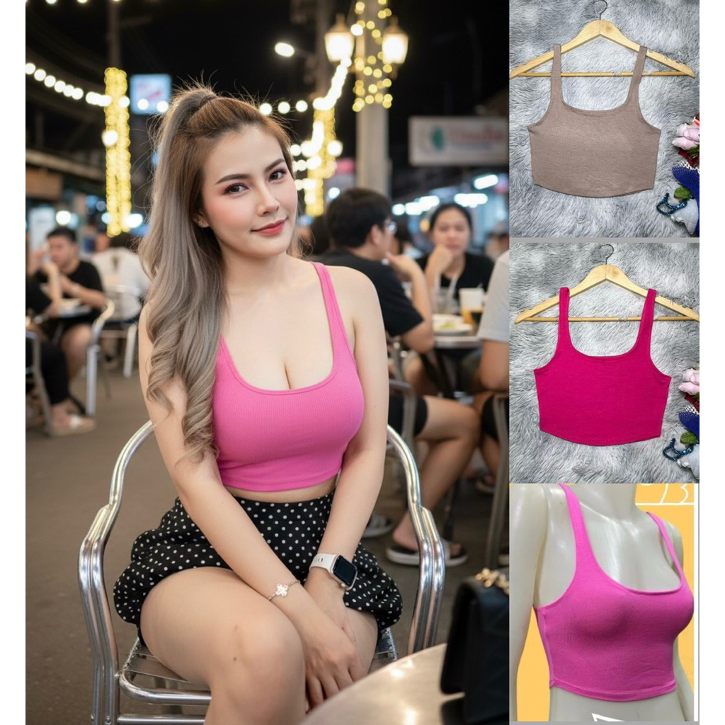 Sns201🍉เสื้อครอปชายโค้ง🍉คอลึก🍉ผ้าเรย่อน