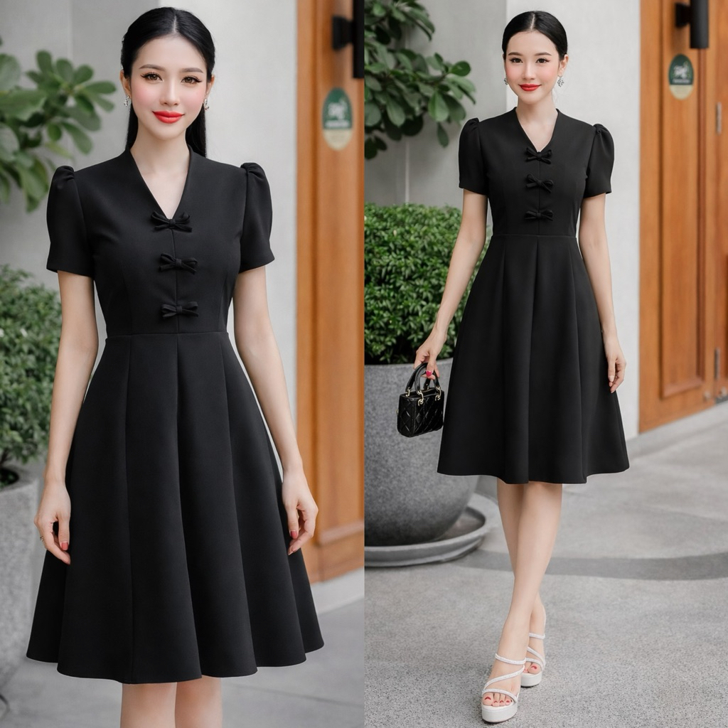 ชุดเดรสคอวีโบว์เรียงกระโปรง8ชิ้นผ้าไมโครS-2XL