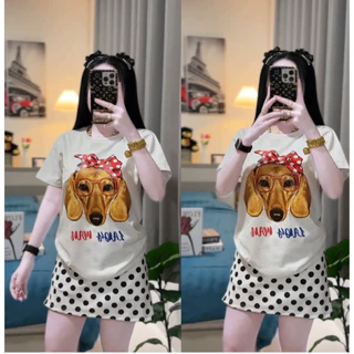 เซตเสื้อและกระโปรงลายน้องหมาโบว์ ผ้าเนื้อนุ่ม ใส่สบาย ขนาดฟรีไซส์