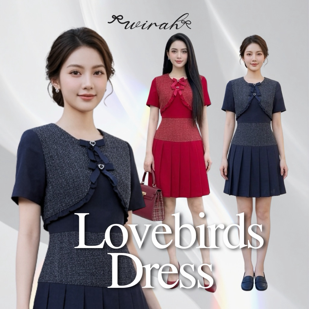 HW21 Lovebirds Dress ชุดเดรสทรงเข้ารูป กระโปรงปลายพลีส